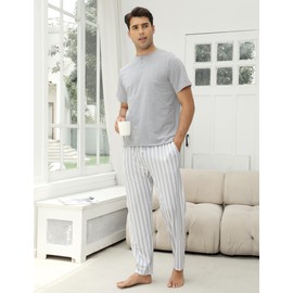 TeJoyce Mens Pyjamas Set Cotton Short Sleeve and Pants 2 Piece PJ Set Soft Comfy Loungewear O-Nect Men's Nightwear Set with Pockets Grey