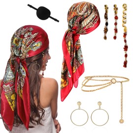 XoeLLe Women's Pirate Costume, Pirate Accessories, Pirate Costume, Women's Headscarf, Pirate Women's Eye Patch, Pirate Jewellery, Hair Accessories, Pirate Earrings, Belly Chain, Gold, Pack of 7