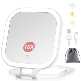 DESCHEN Rechargeable Travel Makeup Vanity Mirror with Lights and Magnification, Portable 1X/10X Magnifying Mirror with 3 Color Light, Lighted Makeup Mirror with Magnification, Folding LED Desk Mirror