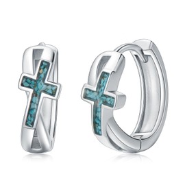 QHQPQ Cross Hoop Earrings for Women 925 Sterling Silver Turquoise Religious Cross Huggie Earrings Christian Jewellery Faith Gifts for Men