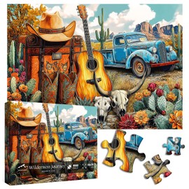 PICKFORU Cactus Plant Puzzles for Adults 1000 Pieces, Cowboy Deserts Jigsaw Puzzles 1000 Pieces Western Art, Vintage Guitar Truck Puzzles as Cactus Wall Decor