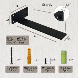 MTBEL Modern Wall Mount 8 inch Shelf Bracket Powder Coated 90 Degree Black L Brackets 1/5" Thick Heavy Duty Metal Hidden Floating Shelf Support (8" L 6Pcs)