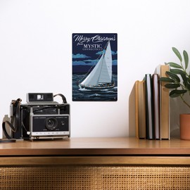 Lantern Press 6x9 Inch Metal Sign, Mystic, Connecticut, Christmas Lights Sailboat