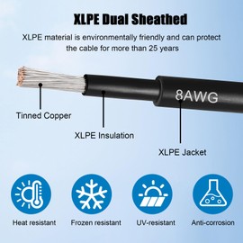 8 AWG Solar Cable 30FT Red + 30FT Black Tinned Copper Wire, 8 Gauge Solar Panel Wire for RV, Automotive, Trailer, Marine, Outdoors
