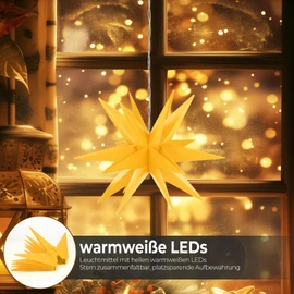OVILUM Luminous Star 3D with LED Lighting, Yellow, Diameter 57 cm, 3D Star with 18 Tips, Weatherproof, Garden Decoration, Living Room, Christmas Decoration, Christmas Star, with Timer, 7.5 m Cable