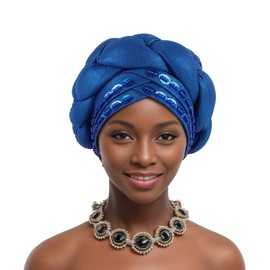 Big Braid Female Head Wraps Bonnet Nigeria Already Made African Headtie Turbante Glitter Gold Thread Fabric Turban Cap for Women (One Size,Royal Blue)