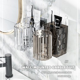 Toothbrush Holder with Gargle Cup for Lovers Multi-Function Wall Storage Box Self Adhesive Couple Toothbrushes & Toothpaste Holder Container Light Luxury Wall Mounted Tooth Glass Set for Bathroom Hoom
