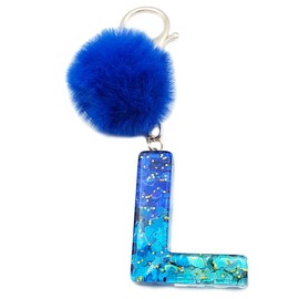 Xsclpomddy Girls Alphabet Letter Key Ring Cute Keyring Glitter with Pom Pom Tassels Resin Blue Keychain for Bag Charm, l