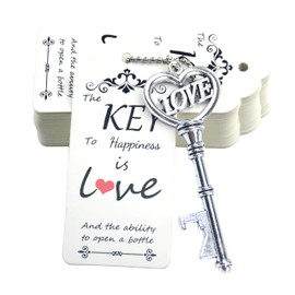 Makhry 52pcs Vintage Skeleton Love Key Bottle Opener Party Wedding Favor Guest Souvenir Gift Set with Thank You Gift Tag (Antique Silver)