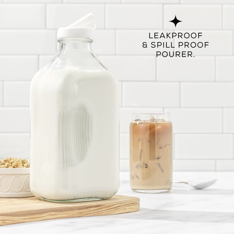 JoyJolt Glass Milk Bottles with Lids and Pourer – 64