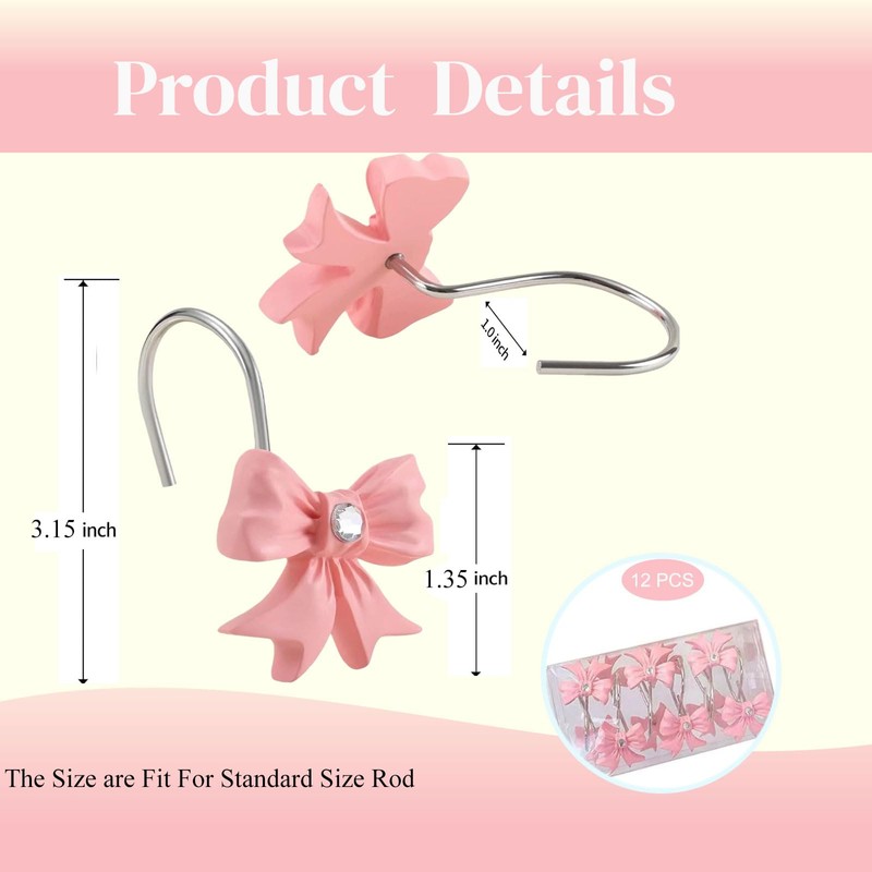 12PCS Decorative Shower Curtain Hooks with Shining Diamond,Rust Resistant Pink
