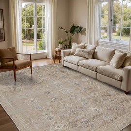 Rugxara Beige Rug 5x7 Neutral Area Rugs for Living Room Bedroom, Washable Vintage Floral Retro Boho Non Slip & Low Pile Carpet for Indoor Dining Room and Kids Room(Beige 5x7ft)