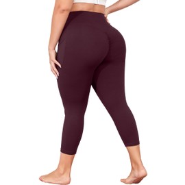 Plus Size Capri Leggings with Pockets, Wine Yoga Pants for Women, Butt Lift Workout Leggings Tummy Control High Waisted Gym Activewear L