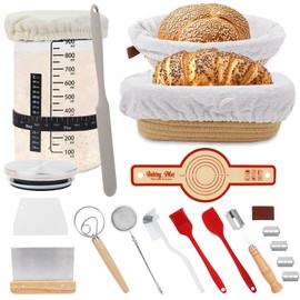 Sourdough Bread Baking Supplies, 23P Sourdough Starter Kit,30oz Sourdough Starter Jar Kit, Cotton Rope Banneton Bread Proofing Basket with Bread Lame, Scraper, Dough Whisk, Gifts for Bakers Women
