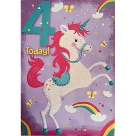 WONDERFUL COLOURFUL GLITTER COATED UNICORN 4 TODAY 4TH BIRTHDAY GREETING CARD