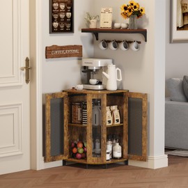 keomaisyto Coffee Bar Cabinet, 3-Tier Corner Coffee Cabinet with Storage Shelf & 18.7" Countertop, Rustic Wood Corner Bar Station with Magnetic Door for Kitchen/Entrance/Living Room/Dining Room