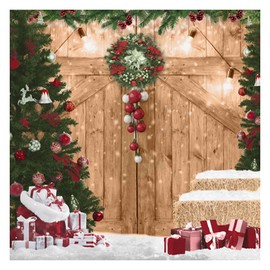 Allenjoy 6 x 6 FT Rustic Christmas Barn Door Backdrop for Photography Merry Xmas Wood Party Background Winter Snow Holiday Baby Kids Portrait Photobooth Banner Decorations Photo Studio Prop