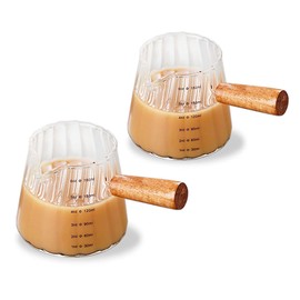 FYUEROPA 2 Pcs Glass Milk Creamer, Creamer Pitcher with Wood Handle, Measuring Cups with Spout, Coffee Milk Serving Cup Espresso Accessories, 180ML
