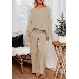 Pink Queen Women's 2 Piece Outfit Set Long Sleeve Button Knit Pullover Sweater Top and Wide Leg Pants Sweatsuit Khaki L