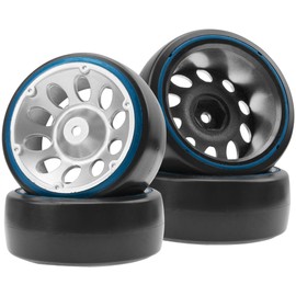 HIRCQOO 1/10 RC Drift Car Tires 12mm Hex Hub Wheel Rims & Hard Plastic Tyre 6 Spoke Compatible with Traxxas HSP Tamiya Kyosho HPI Redcat 1/10 On-Road RC Drift Drifting Car
