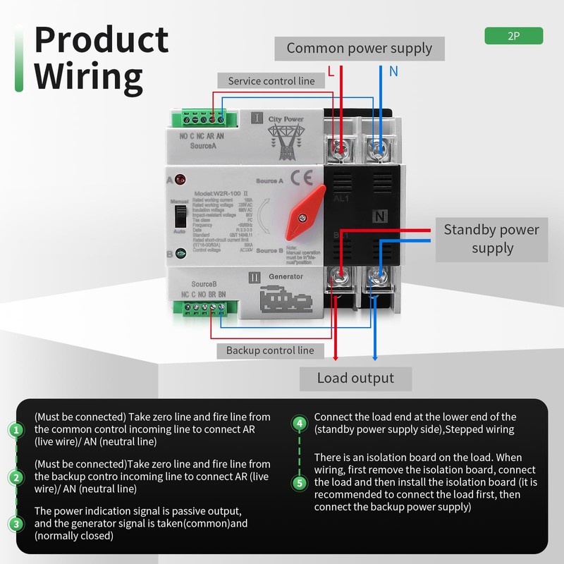 Mini ATS Automatic Transfer Switch 100A AC 220V, 2POLE 100