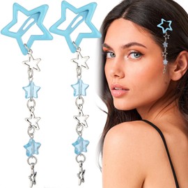 Pndeyo 2pcs Star Tassels Hair Clips for Women, Non-Slip 2000s Y2K Hair Snap Barrettes, Cute Star Beaded Pendant Hair Pin Accessories for Braid Long Short Thin Thick Hair- Blue