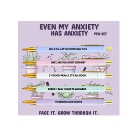 Even My Anxiety Has Anxiety 5-Pack Novelty Pen Set with Sarcastic Sayings | Cute Office Supplies & Funny Birthday Gifts for Women, Perfect for Anxiety Awareness or Just to Brighten Someone's Day