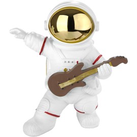 BRUBAKER Decorative Astronaut Guitarist - 17 cm Spaceman Space Figure with Guitar and Chrome-plated Helmet - Hand-Painted Modern Space Statue for Musicians - White and Gold