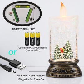 Lasumora Christmas Snow Globe Candle with Timer & Music, Snowman Family Scene, Swirling Glittering Candle Shaped Snow Lantern, USB/Battery Operated Lighted Lantern for Christmas Decoration