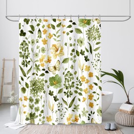 MAYZUS Long Shower Curtain 72 x 78 Inch, Tall Olive Green Floral Shower Curtains for Bathroom, Watercolor Flower Butterfly Fabric Shower Curtain Set with Hooks
