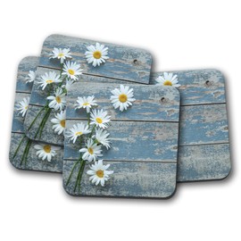 4 Set - Pretty Daisies Coaster - Daisy Flowers Wood Decking Garden #14858