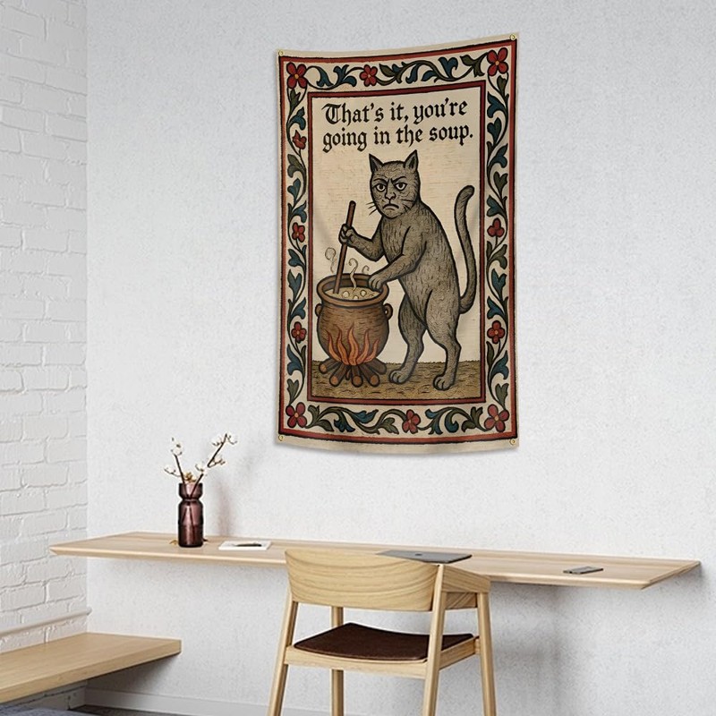 Weird Medieval Cat Tapestry Vintage Medieval Cat Aesthetic Wall Art