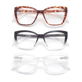 FoxMook 3-Pack Reading Glasses for Women, Oprah Style Frame Spring Hinge Readers Blue Light Blocking Glasses, C2_Black-Clear C3_Tortoise-Clear C4_Transparent 3.0 x