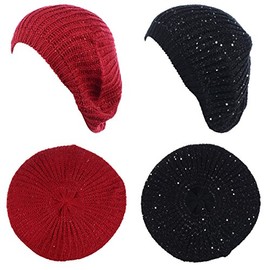 BYOS Women's Cute Subtle Sparkly Sequin Cable Knitted Crochet Beret Beanie Hat,Mid-Weight Lightweight (2-Pack Red & Black)