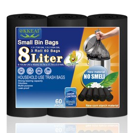 OKKEAI Black Bin Liners 8 L Small Bin Bags 60 Pieces Suitable for Bathroom, Toilet 3 L, 4 L, 5 L, 6 L Bin