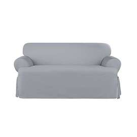 SureFit Heavyweight Cotton Duck T-Cushion Loveseat Slipcovers, Heavyweight Cotton Loveseat Cover, One Piece Design, Loveseat Cover with Seat Elastic and Adjustable Corner Ties, Pacific Blue