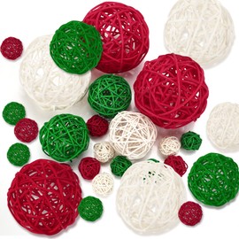 SANNIX 16PCS 3 Sizes Wicker Rattan Balls Christmas Ornaments Wedding Party Decorations Wicker Takraw Natural Orbs Red Green White Ratten Ball Home Yard Hanging Ornaments