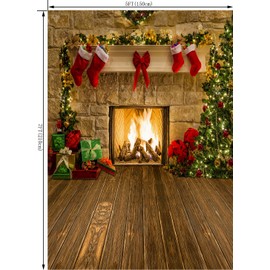 OUYIDA 5X7FT Christmas Fireplace Theme Backdrop for Photography Tree Sock Gift Decorations for Xmas Party Supplies Vinyl Photo Booth Background Studio Prop CEM15