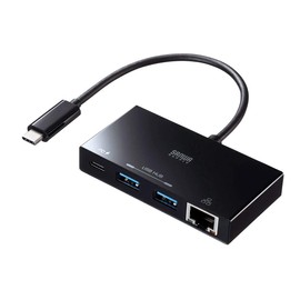 Sanwa Supply USB Type-C Hub with LAN Adapter Function (USB Type-C x 1, USB A x 2, RJ-45 x 1 Port) USB-3TCH20BK