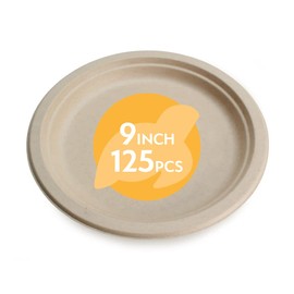 100% Compostable Disposable Paper Plates Bulk [9" 125 Pack], Bamboo Plates, Eco Friendly, Biodegradable, Sturdy Large Dinner Party Plates, Heavy-Duty, Unbleached by Earth's Natural Alternative