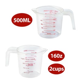 2PCS Measuring Cups, MONGSEW Plastic Liquid Measuring Cup for Liquids, Baking, Cooking, Mixing, 50Ml (1-Cup) and 500Ml (2-Cup)