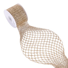 CSZD RIBBON Gold Stretchable Glitter Metallic Mesh Ribbon Wired Web Ribbon Wide 2.5" to 7" for Christmas Tree,Wreaths,Home Decor, Gift Wrapping, DIY Crafts, 2.5” x 5Yards x 1 Rolls (Gold)