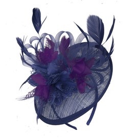 Navy Blue and Dark Purple Sinamay Disc Saucer Fascinator Hat for Women Weddings Headband