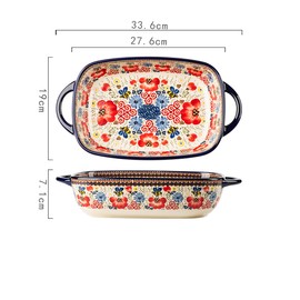 Bicuzat Vintage Flowers Style Ceramic Bakeware Casserole Dish Baking Pan Lasagna Pans Baking Dish with Handles for Oven/Cooking/Kitchen-1 PCS-Red Flowers-60 OZ