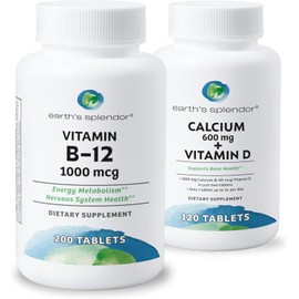 Earth's Splendor Energy + Bone Support Energy Bundle: Vitamin B12 & Calcium+Vitamin D, Gluten Free, No Artificial Flavors or Colors, Helps Energy Metabolism & Bone Health