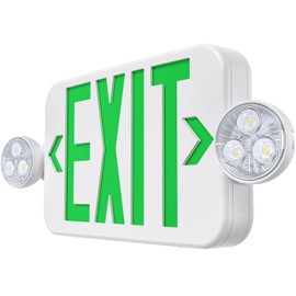 Emergency Exit Sign Lights Combo with Battery Backup, Double Sided Hardwired 6 Leds Exit Signs, Adjustable Heads Green Emergency Exit Lighting Ceiling/Wall Mount, UL Listed, AC 120/277V (1 Pack)