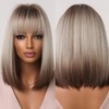 Allbell Brown Blonde Ombre Bob Wigs for Women Cosplay Wig with Bangs Dark Roots Grey Natural Hair Synthetic Wig