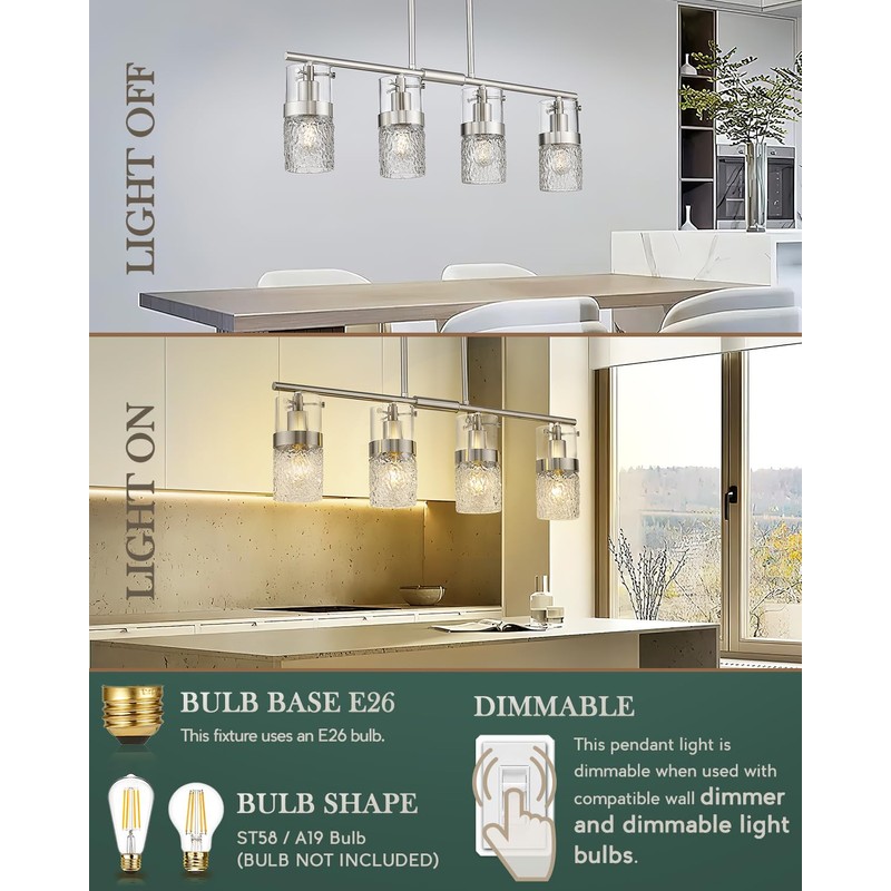 LMS 4-Light Brushed Nickel Island Chandelier Lights for Kitchen, Mid