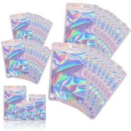 400 Pack 4 Size Bags with Clear Window,Scratch Resistant Hand Holographic Packaging Pouch,Resealable Bag for Small Bussiness Cookies Jewelry Candy Sample (Holographic, 2.4×3.9,3x4.7,4×7,5.5×7.9 inch)