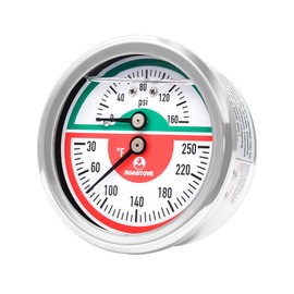 Roastove Tridicator, Thermo-Manometer, 2-1/2", Silicone Oil Filled, 0-160psi/30-250 deg F, Stainless Steel Case, 1/4" NPT Back Mount